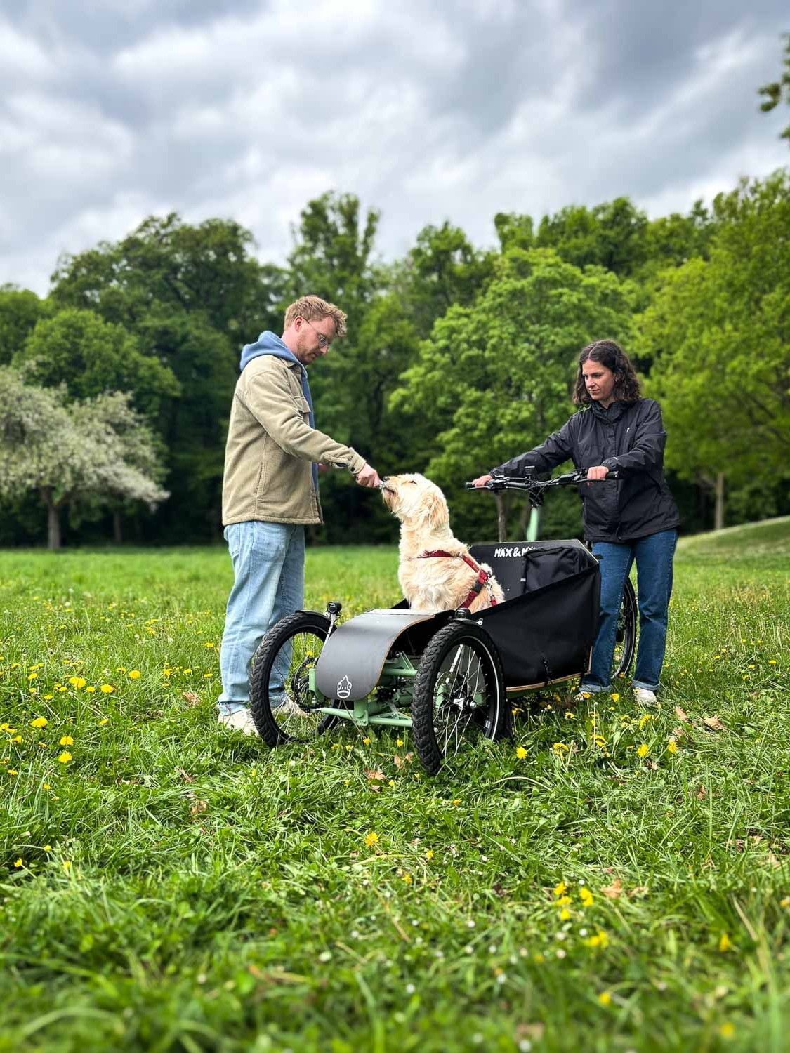 Hund sitzt in der Box eines Transporter Bikes und bekommt ein Leckerli